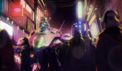 Rule 34 | 10s, 1girl, 2015, bodysuit, brown hair, building, cable, city, coat, crowd, cyberpunk, d.va (overwatch), eating, facial mark, food, goggles, headgear, headphones, jacket, korean text, long hair, lord phillock, mecha, meka (overwatch), noodles, overwatch, overwatch 1, ramen, realistic, robot, scarf, science fiction, signature, sitting, solo focus, whisker markings