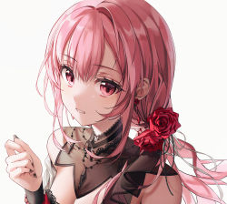 Rule 34 | 1girl, absurdres, black nails, breasts, cleavage, clenched hand, dress, flower, hair behind ear, hair flower, hair ornament, highres, hololive, hololive english, looking at viewer, medium breasts, mori calliope, mori calliope (party dress), nagul, nail polish, parted lips, pink eyes, pink hair, ponytail, portrait, red dress, red flower, red rose, rose, solo, virtual youtuber, white background