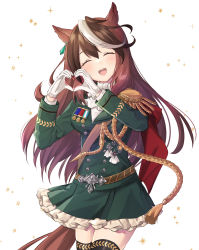 Rule 34 | 1girl, animal ears, ascot, black thighhighs, brown hair, cape, closed eyes, cowboy shot, dress, epaulettes, frilled dress, frills, green dress, heart, heart hands, highres, horse ears, horse girl, horse tail, long hair, long sleeves, military, military uniform, multicolored hair, open mouth, purin jiisan, red cape, simple background, single epaulette, smile, solo, star (symbol), streaked hair, symboli rudolf (umamusume), tail, teeth, thighhighs, umamusume, uniform, upper teeth only, very long hair, white ascot, white background