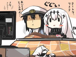 Rule 34 | 10s, :x, abyssal ship, admiral (kancolle), aircraft carrier water oni, blush stickers, chibi, coat, commentary request, daifuku, food, food request, goma (gomasamune), hair ornament, hanten (clothes), hat, kantai collection, kotatsu, military, military hat, military uniform, ne-class heavy cruiser, satou kibi, sketch, sleeping, table, television, translation request, uniform