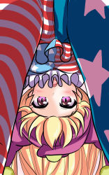 Rule 34 | 1girl, akabashi yuusuke, american flag dress, american flag legwear, blonde hair, blush, close-up, clownpiece, hat, highres, jester cap, looking at viewer, looking through own legs, neck ruff, open mouth, pantyhose, pink eyes, shirt, solo, star (symbol), striped clothes, striped pantyhose, touhou, upside-down