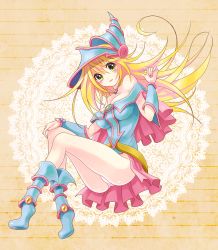 Rule 34 | 1girl, bare shoulders, blonde hair, blue footwear, blush, blush stickers, boots, breasts, choker, cleavage, dark magician girl, duel monster, green eyes, hat, large breasts, long hair, open mouth, pentacle, smile, solo, sora (pikasora), wizard hat, yu-gi-oh!, yuu-gi-ou, yu-gi-oh! duel monsters