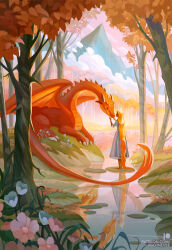 Rule 34 | 1girl, autumn, autumn leaves, barefoot, blue dress, blue flower, cloud, dark-skinned female, dark skin, dragon, dress, flower, forest, gradient hair, grass, lake, lily pad, long hair, looking at animal, maxine vee, mountain, multicolored hair, nature, orange hair, original, outdoors, patreon logo, patreon username, petticoat, pink flower, pink sky, plant, reflection, reflective water, signature, sky, solo, standing, tree, water