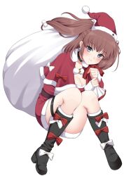Rule 34 | 1girl, atlanta (kancolle), black footwear, boots, brown hair, earrings, full body, hat, highres, jewelry, kantai collection, looking at viewer, santa costume, santa hat, smile, solo, star (symbol), star earrings, thigh strap, two side up, white background, yomogi dango
