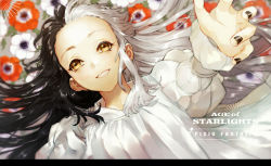 Rule 34 | black hair, black nails, brown eyes, copyright name, dress, flower, forehead, from above, long hair, long sleeves, looking at viewer, lying, multicolored hair, nail polish, on back, onitobico, outstretched arm, parted lips, pixiv fantasia, pixiv fantasia age of starlight, puffy long sleeves, puffy sleeves, sidelocks, smile, solo, two-tone hair, white dress, white hair
