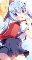 Rule 34 | 1girl, ass, backpack, bag, black skirt, blue background, blue eyes, blue hair, blush, chestnut mouth, commentary request, from behind, gochuumon wa usagi desu ka?, gradient background, hair ornament, hand up, hat, highres, holding strap, kafuu chino, long hair, looking at viewer, looking back, open mouth, pleated skirt, puffy short sleeves, puffy sleeves, rabbit hair ornament, randoseru, sasai saji, school hat, shirt, short sleeves, signature, skirt, solo, spoon hair ornament, twintails, very long hair, white background, white shirt, x hair ornament, yellow hat