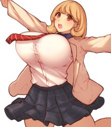 Rule 34 | 10s, 1girl, :d, bad id, bad pixiv id, black skirt, bouncing breasts, breasts, brown eyes, brown hair, hair ornament, hairclip, heart, heart hair ornament, huge breasts, jacket, jumping, light brown hair, long sleeves, looking at viewer, matching hair/eyes, mogu (kanikama mgmg), narusawa ryouka, necktie, occultic;nine, open clothes, open jacket, open mouth, outstretched arms, plaid, plaid skirt, pleated skirt, red necktie, shirt, shirt tucked in, short hair, simple background, skirt, smile, solo, spread arms, striped necktie, striped neckwear, thighs, white background, white shirt