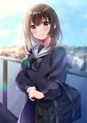 Rule 34 | 1girl, bad id, bad pixiv id, bag, black bow, blue shirt, blue skirt, blue sky, blush, bow, brown hair, closed mouth, cloud, commentary request, day, hair between eyes, head tilt, highres, long hair, long sleeves, minami saki, original, outdoors, own hands together, pleated skirt, puffy long sleeves, puffy sleeves, red eyes, sailor collar, school bag, school uniform, serafuku, shirt, skirt, sky, smile, solo, standing, white sailor collar