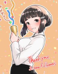 Rule 34 | 1girl, alternate costume, black skirt, blush, breasts, brown eyes, brown hair, collared shirt, commentary request, confetti, furaggu (frag 0416), grin, hair bun, hair ornament, highres, kantai collection, long sleeves, looking at viewer, medium breasts, milestone celebration, myoukou (kancolle), orange background, party popper, shirt, short hair, simple background, skirt, smile, solo, upper body, white shirt