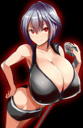 Rule 34 | 1girl, alternate color, bare shoulders, breasts, cleavage, closed mouth, collarbone, female focus, from above, hair between eyes, highres, huge breasts, kloah, looking at viewer, meiko (vocaloid), microphone, midriff, purple hair, red eyes, shiny skin, short hair, smile, solo, sports bra, standing, stomach, vocaloid