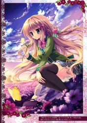 Rule 34 | 1girl, :o, absurdres, bag, black thighhighs, blazer, blue eyes, blush, bow, braid, briefcase, brown hair, bug, butterfly, cloud, cloudy sky, field, flower, flower field, hair bow, hair flower, hair ornament, highres, insect, jacket, long sleeves, parted lips, plaid, plaid skirt, rose, school bag, school briefcase, school uniform, shiramori yuse, sitting, skirt, sky, solo, sunset, sweater vest, thighhighs