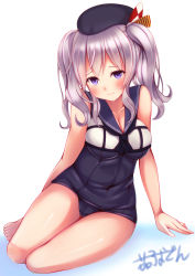 Rule 34 | 1girl, alternate costume, blue eyes, blush, breasts, cosplay, hat, kantai collection, kashima (kancolle), large breasts, looking at viewer, n@ss, ro-500 (kancolle) (cosplay), ro-500 (kancolle), school swimsuit, silver hair, solo, swimsuit, swimsuit under clothes, twintails, wavy hair