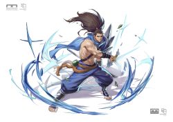 Rule 34 | 1boy, armor, aussummer, baggy pants, blue pants, blue scarf, bracer, brown eyes, brown hair, chinese commentary, closed mouth, commentary request, facial hair, fighting stance, full body, hair pulled back, hair strand, high ponytail, highres, holding, holding sword, holding weapon, katana, leaf, league of legends, logo, long hair, looking at viewer, male focus, muscular, muscular male, no shoes, pants, ponytail, rope belt, scar, scar on face, scar on nose, scarf, sheath, topless male, shoulder armor, shoulder belt, simple background, solo, stirrup legwear, sword, toeless legwear, watermark, weapon, white background, yasuo (league of legends)