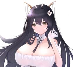 Rule 34 | 1girl, absurdres, azur lane, black hair, breasts, cleavage, detached collar, flower, gloves, green eyes, hair between eyes, hair flower, hair on horn, hair ornament, half gloves, highres, huge breasts, indomitable (azur lane), long hair, simple background, sleeveless, solo, upper body, very long hair, white background, white flower, white gloves, xifanqvq