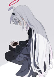 Rule 34 | 1girl, absurdres, black coat, black footwear, black hairband, black pantyhose, blue archive, blush, coat, colored inner hair, crying, crying with eyes open, grey eyes, grey hair, hairband, halo, highres, long hair, long sleeves, multicolored hair, nanmo (nanmokamo), pantyhose, pink hair, plana (blue archive), red halo, shoes, solo, tears, white background