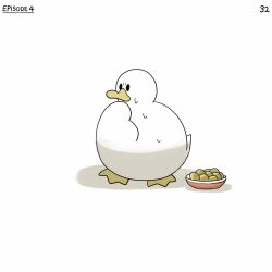 Rule 34 | bird, bowl, commentary, corn, diva (hyxpk), duck, english commentary, highres, no humans, numbered, original, page number, simple background, sweat, white background, worried