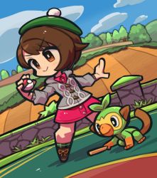 Rule 34 | 1girl, blush, bob cut, boots, brick wall, brown eyes, brown footwear, brown hair, buttons, cable knit, cardigan, chibi, closed mouth, cloud, collared dress, commentary request, creatures (company), day, dress, game freak, gen 8 pokemon, gloria (pokemon), green headwear, green legwear, grey cardigan, grookey, hat, holding, holding poke ball, hooded cardigan, ibara., nintendo, outdoors, pink dress, plaid, plaid legwear, poke ball, poke ball (basic), pokemon, pokemon (creature), pokemon swsh, short hair, sky, smile, socks, standing, tam o&#039; shanter