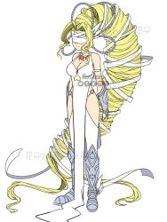 Rule 34 | 1girl, absurdly long hair, armor, blindfold, blonde hair, boots, breasts, cleavage, digimon, jewelry, large breasts, long hair, necklace, o-ring, simple background, thighhighs, venusmon, very long hair, white background