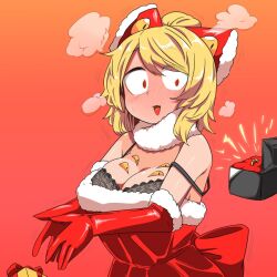 Rule 34 | 1girl, alternate costume, black bra, blonde hair, blush, bow, bra, breasts, cleavage, commentary request, dress, elbow gloves, extra eyes, fang, full-face blush, fur-trimmed bow, fur-trimmed dress, fur-trimmed gloves, fur trim, gift, gloves, hair bow, hair bun, head steam, jewelry, kurodani yamame, large breasts, medium hair, open mouth, marriage proposal, red dress, red eyes, red gloves, ring, ring box, rinyamame, santa dress, solo, strapless, strapless dress, surprised, touhou, underwear, upper body, wedding ring