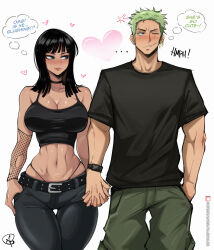 Rule 34 | !, !?, ..., 1boy, 1girl, ?, absurdres, almualim, alternate costume, black hair, black shirt, blunt bangs, blush, closed mouth, commentary, english commentary, english text, facing viewer, green hair, heart, hetero, highres, holding hands, long hair, looking at another, narrow waist, navel, nico robin, one eye closed, one piece, patreon logo, roronoa zoro, scar, scar across eye, scar on face, shirt, short hair, short sleeves, signature, simple background, smile, speech bubble, thigh gap, toothpick, watermark, web address, white background