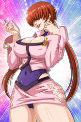 Rule 34 | 1girl, breasts, brown hair, cleavage cutout, clothing cutout, dress, earrings, hair over eyes, heart, heart earrings, highres, jewelry, leotard, lipstick, makeup, purple leotard, sano br, shermie (kof), skirt, snk, the king of fighters, upskirt