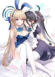 Rule 34 | 2girls, absurdres, animal ears, apron, aqua bow, aris (blue archive), aris (maid) (blue archive), arm support, artist name, asymmetrical docking, bare shoulders, black dress, black hair, blonde hair, blue archive, blue eyes, blue leotard, blunt bangs, bow, braid, breast press, breasts, chinese commentary, commentary request, detached collar, dress, earpiece, expressionless, fake animal ears, frilled apron, frills, hair between eyes, hair bow, halo, hanghan, highres, leotard, long hair, maid, maid apron, maid headdress, medium breasts, multiple girls, official alternate costume, open mouth, pantyhose, playboy bunny, ponytail, puffy short sleeves, puffy sleeves, rabbit ears, short sleeves, simple background, sitting, thighhighs, toki (blue archive), toki (bunny) (blue archive), very long hair, white apron, white background, white pantyhose, white thighhighs, wrist cuffs, yokozuwari