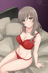 Rule 34 | 1girl, artist name, bed, blush, bow, bow bra, bra, breasts, brown eyes, brown hair, cleavage, closed mouth, commentary, dated, girls und panzer, half-closed eyes, head tilt, jewelry, lace, lace-trimmed bra, lace-trimmed panties, lace trim, lingerie, looking at viewer, matsui yasutsugu, mature female, medium breasts, navel, on bed, one-hour drawing challenge, panties, pillow, red bra, red panties, ring, shimada chiyo, signature, sitting, smile, solo, string panties, underwear, underwear only, wedding band
