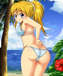 Rule 34 | 10s, 1girl, :t, ass, ayase eli, bare shoulders, bikini, blonde hair, blue eyes, blush, bra, breasts, butt crack, cameltoe, dimples of venus, from behind, highres, long hair, looking at viewer, love live!, love live! school idol project, ocean, panties, ponytail, scrunchie, shiguko, shiny clothes, shiny skin, sideboob, solo, striped bra, striped clothes, striped panties, swimsuit, tree, underwear