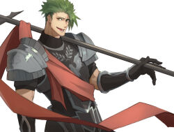 Rule 34 | 1boy, armor, black shirt, brown eyes, fate/apocrypha, fate (series), gauntlets, green hair, haruakira, holding, holding polearm, holding weapon, lance, lower teeth only, male focus, open mouth, polearm, red sash, ribbed shirt, sash, shirt, short hair, short sleeves, simple background, solo, teeth, undercut, upper body, weapon, white background