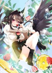 Rule 34 | 1girl, absurdres, bird wings, black footwear, black hair, black wings, blue background, bow, closed mouth, food, fruit, full body, green bow, green skirt, hair bow, heart, highres, leg strap, lemon, long hair, looking at viewer, red eyes, reiuji utsuho, shirt, simple background, skirt, smile, solo, strawberry, tetsurou (fe+), thigh strap, third eye, touhou, water, white shirt, wings
