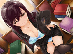 Rule 34 | 1girl, black pantyhose, black skirt, blue panties, book, book stack, breasts, brown eyes, brown hair, chair, cleavage, clothes lift, clothes pull, curtains, desk, dutch angle, from above, indoors, long hair, official art, on desk, panties, pantyhose, pantyhose pull, shelf, sitting, skirt, skirt lift, smile, solo, suzuki nago, underwear