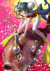 Rule 34 | 1girl, :o, animal, bent over, bubble, bun cover, chain, double bun, dress, fins, fish, full body, hair bun, highres, hook, open mouth, original, pink background, princess royale, red dress, riding, round teeth, shark, sharp teeth, simple background, staff, sweetwitch, tears, teeth, thighhighs, water, weapon, white thighhighs