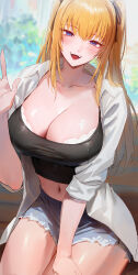 Rule 34 | 1girl, :d, absurdres, blonde hair, blue eyes, blue shorts, breasts, cleavage, collarbone, collared shirt, hand up, highres, large breasts, long sleeves, looking at viewer, navel, open mouth, original, rororo, shirt, short shorts, shorts, sitting, smile, solo, thighs, twintails, upper body, white shirt
