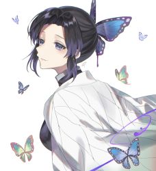 Rule 34 | 1girl, bad id, bad pixiv id, black jacket, blue butterfly, bug, butterfly, butterfly hair ornament, from behind, from side, green butterfly, hair ornament, haori, highres, insect, jacket, japanese clothes, kimetsu no yaiba, kochou shinobu, oshage (osyage921), parted bangs, purple eyes, purple hair, simple background, smile, solo, teeth, upper teeth only, white background