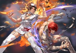 Rule 34 | 2boys, blood, blood on clothes, brown hair, cross, fighting, fire, garter straps, halloween, halloween costume, hat, kusanagi kyou, male focus, multiple boys, mummy costume, nurse, nurse cap, parted lips, pectoral cleavage, pectorals, red cross, red hair, short hair, snk, stethoscope, the king of fighters, thighhighs, tomcat li, white thighhighs, yagami iori