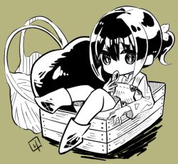 Rule 34 | 1girl, apple, bag, boots, bright pupils, chibi, chibi only, food, food in mouth, fruit, full body, greyscale with colored background, hair between eyes, monochrome, no nose, original, overalls, ponytail, rikka kamisaka, short hair, sitting, solo, white pupils