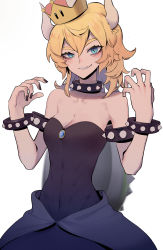 Rule 34 | 1girl, absurdres, bare shoulders, blonde hair, blue eyes, bowsette, bracelet, breasts, cleavage, collar, cowboy shot, crown, dress, grin, hair between eyes, highres, horns, jewelry, long hair, looking at viewer, mario (series), medium breasts, nintendo, ponytail, sharp teeth, simple background, smile, solo, spiked bracelet, spiked collar, spikes, super crown, teeth, thick eyebrows, waist cape, white background