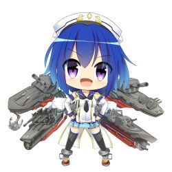 Rule 34 | 1girl, anchor, black thighhighs, blue hair, blue sailor collar, blue skirt, breasts, character request, chibi, commentary request, detached sleeves, full body, hands on own hips, hat, hop step jumpers, lets0020, looking at viewer, medium bangs, medium breasts, medium hair, military vehicle, miniskirt, open mouth, purple eyes, rigging, sailor collar, sailor shirt, ship, shirt, simple background, skirt, sleeveless, sleeveless shirt, smile, solo, thighhighs, transparent background, turret, warship, watercraft, white hat, white shirt, white sleeves
