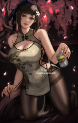 Rule 34 | 1girl, bare shoulders, black hair, blunt bangs, breasts, brown eyes, can, china dress, chinese clothes, dress, drink can, eve (stellar blade), holding, holding can, kneeling, large breasts, long hair, looking at viewer, pantyhose, ponytail, soda, soda can, solo, stellar blade, thighs, very long hair, wei (promise 0820)