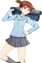Rule 34 | 1girl, blue shirt, blunt bangs, closed mouth, commentary, dress shirt, girls und panzer, grey skirt, grey socks, hand on own hip, highres, jacket, jacket over shoulder, keizoku school uniform, long sleeves, looking to the side, mikko (girls und panzer), miniskirt, omachi (slabco), pleated skirt, red eyes, red hair, school uniform, shirt, short hair, short twintails, simple background, skirt, smile, socks, solo, standing, striped clothes, striped shirt, twintails, unworn jacket, vertical-striped clothes, vertical-striped shirt, white background, white shirt, wing collar