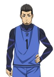 Rule 34 | 1boy, black eyes, black hair, blue lock, blue shirt, blue shorts, facial hair, iemon okuhito, looking at viewer, lowres, male focus, nose, shirt, short hair, shorts, simple background, sleeves past wrists, soccer uniform, sportswear, transparent background, very short hair