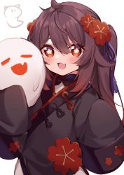 Rule 34 | 1girl, :3, :d, black shirt, blush, brown hair, chinese commentary, commentary request, flower, flower-shaped pupils, genshin impact, ghost, hair between eyes, hair flower, hair ornament, highres, hu tao (genshin impact), long hair, long sleeves, looking at viewer, nahaki, open mouth, red eyes, red flower, shirt, sleeves past fingers, sleeves past wrists, smile, solo, symbol-shaped pupils, tassel, upper body, white background