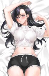 Rule 34 | 1girl, bed sheet, black eyes, black hair, black shorts, blush, breasts, commentary, commission, cowboy shot, crop top, english commentary, highres, large breasts, long hair, looking at viewer, lying, midriff, navel, on back, original, parted lips, pukku, shirt, shorts, smile, solo, white shirt