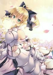 Rule 34 | 1girl, :o, absurdres, ahoge, armor, artoria pendragon (all), artoria pendragon (fate), bare shoulders, black ribbon, blonde hair, blush, breastplate, collarbone, detached sleeves, dress, fate/grand order, fate (series), faulds, floating hair, flower, gauntlets, green eyes, hair ribbon, head tilt, highres, lily (flower), long dress, long hair, looking at viewer, outstretched arm, parted lips, petals, ponytail, puffy sleeves, ribbon, rie (reverie), saber (fate), saber lily, scan, sidelocks, solo, turtleneck, white background, white dress, white flower