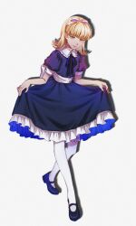 Rule 34 | 1girl, absurdres, alice (megami tensei), blonde hair, blue dress, blue ribbon, curtsey, dress, frilled dress, frills, full body, hairband, highres, looking at viewer, machihazure, mary janes, medium hair, neck ribbon, pantyhose, puffy short sleeves, puffy sleeves, ribbon, shin megami tensei, shoes, short sleeves, simple background, smile, solo, white background, white pantyhose, yellow eyes