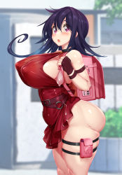 Rule 34 | 1girl, absurdres, alternate breast size, antenna hair, ass, backpack, bag, bare legs, breasts, condom, covered erect nipples, dress, duel masters, fingerless gloves, from side, gloves, highres, huge ass, huge breasts, kawahagitei, large breasts, looking at viewer, looking to the side, medium hair, nipples, no panties, open mouth, plump, purple eyes, purple hair, randoseru, red dress, road, school bag, shiny skin, short dress, solo, standing, street, tasogare mimi, thigh strap, used condom, wide hips