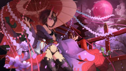 Rule 34 | 1girl, blunt bangs, blurry, blurry foreground, bzerox, cherry blossoms, closed mouth, cowboy shot, depth of field, fate/grand order, fate (series), flower, full moon, glowing, glowing eyes, highres, japanese clothes, kimono, looking at viewer, moon, navel, night, obi, off shoulder, oil-paper umbrella, outdoors, purple eyes, purple hair, purple kimono, revealing clothes, sash, short eyebrows, short hair, shuten douji (fate), solo, standing, thighhighs, umbrella