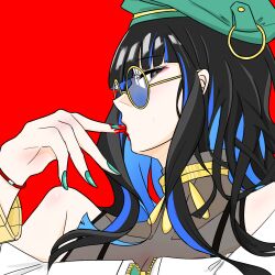 Rule 34 | 1girl, bare shoulders, beret, black hair, blue-tinted eyewear, blue hair, colored inner hair, fate/grand order, fate (series), finger in own mouth, green hat, green jacket, green nails, grey eyes, hat, highres, jacket, jewelry, long hair, looking at viewer, looking over eyewear, multicolored hair, nail polish, neck ring, red background, round eyewear, solo, sunglasses, tenochtitlan (fate), tenochtitlan (second ascension) (fate), tinted eyewear