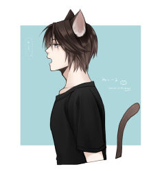 Rule 34 | 1boy, alternate costume, animal ears, black shirt, blue background, blue eyes, brown hair, cat boy, cat ears, cat tail, cropped torso, dated, facing to the side, final fantasy, final fantasy viii, hiryuu (kana h), looking to the side, male focus, open mouth, shirt, short hair, signature, simple background, solo, speech bubble, squall leonhart, t-shirt, tail, translation request, upper body