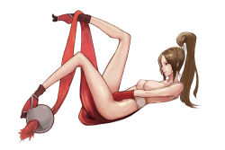 Rule 34 | 1girl, bad id, bad pixiv id, breasts, brown eyes, brown hair, fatal fury, hidezi, large breasts, legs, lips, lying, nipples, on back, ponytail, shiranui mai, snk, solo, the king of fighters